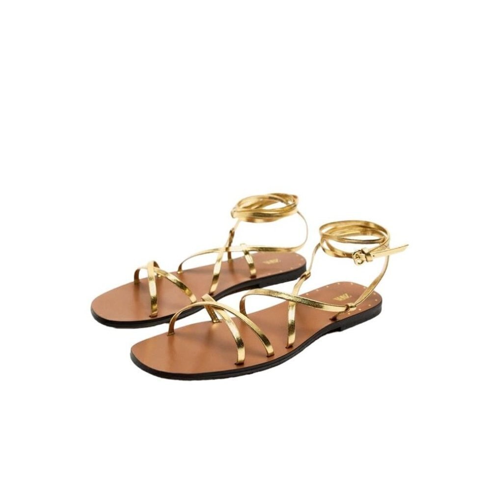 ZARA LACE UP FLAT SANDALS Gold SIZE 8 | 2639/110 25.3 Cm - Picture 1 of 4